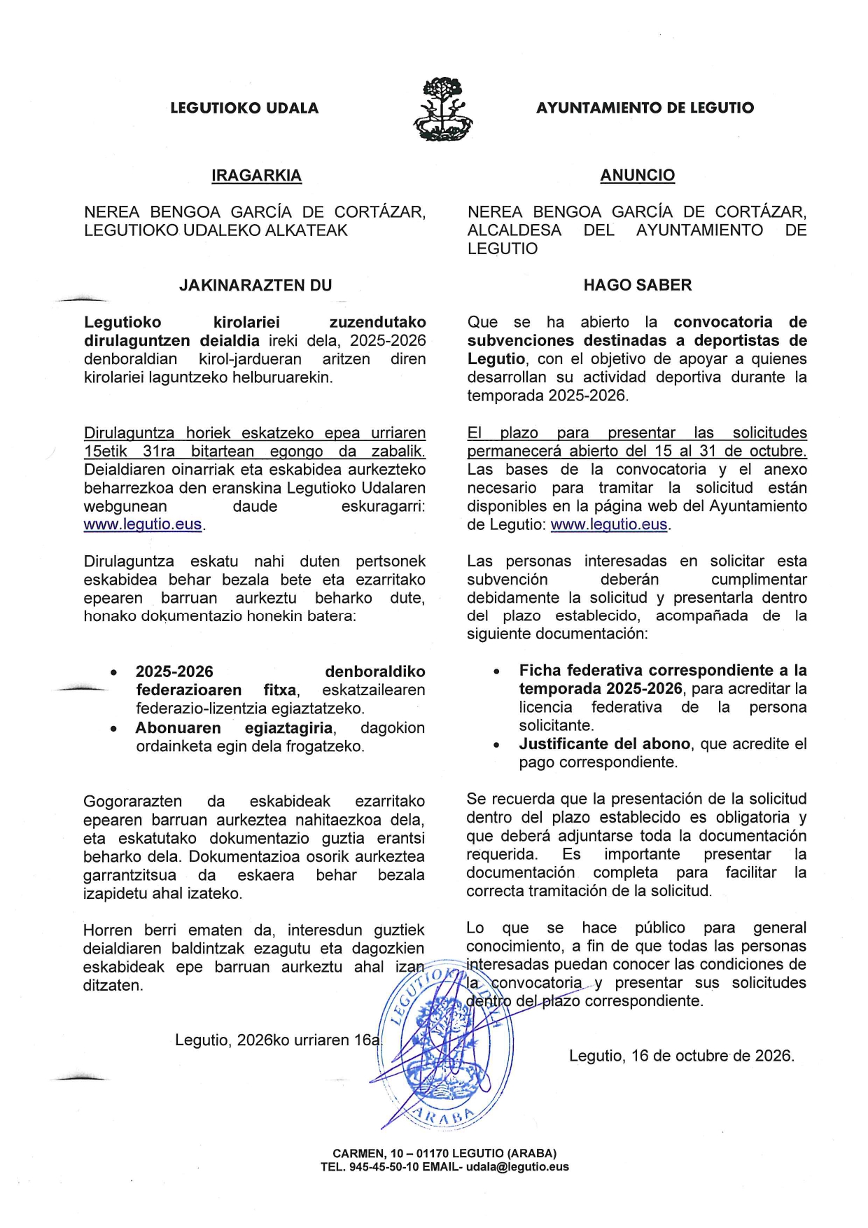 Subvenciones deportistas de Legutio