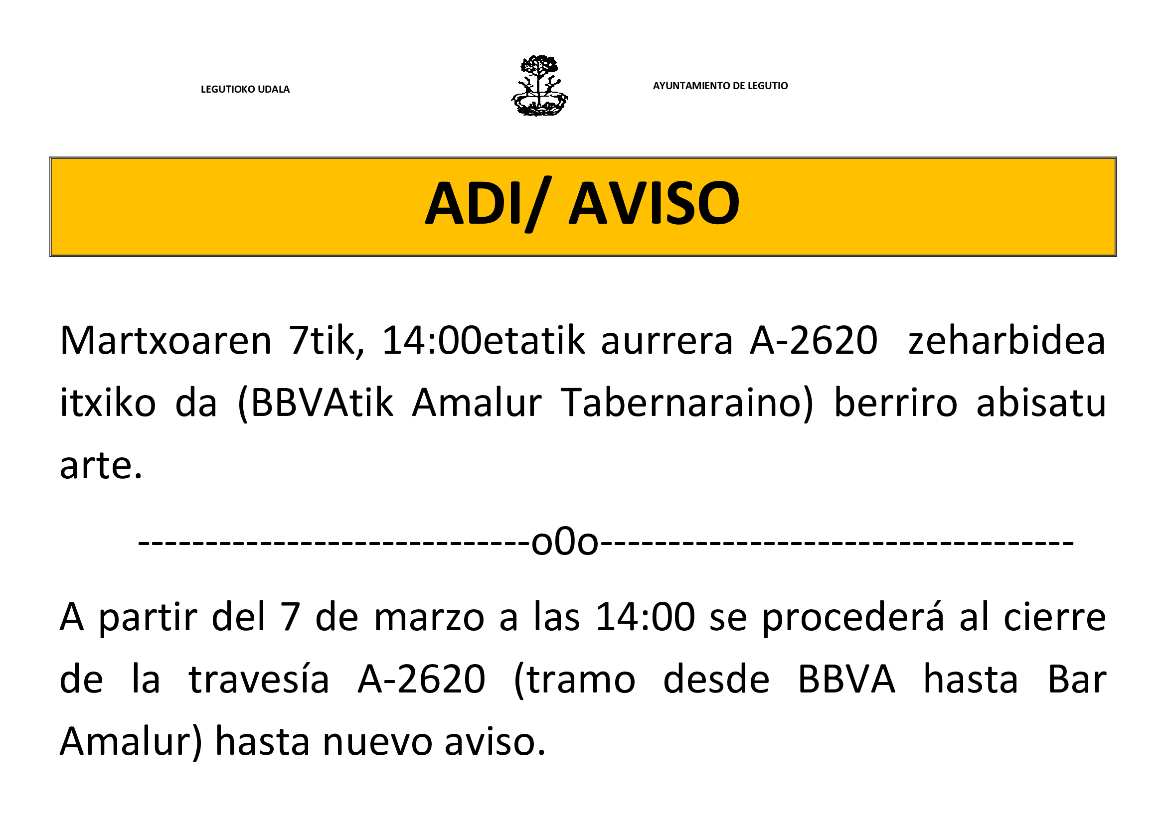 A-2620 zeharbidearen itxiera