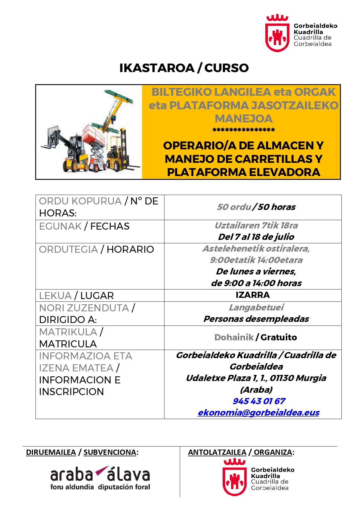 CURSO: Operaria/o de almacén y manejo de carretillas y plataforma elevadora.