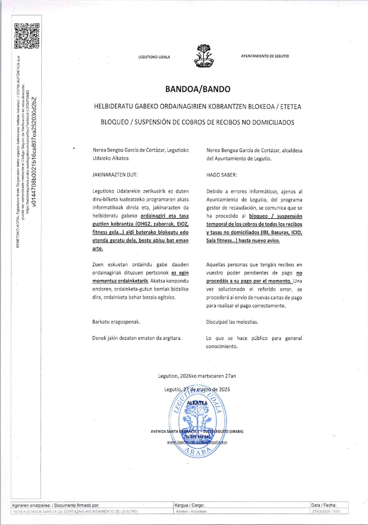 Helbideratu gabeko ordainagirien kobrantzen blokeoa/ etetea.